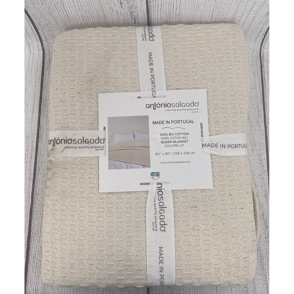 Antonio Salgado Blanket QUEEN Cream Waffle Weave 100% Cotton Portugal Natural